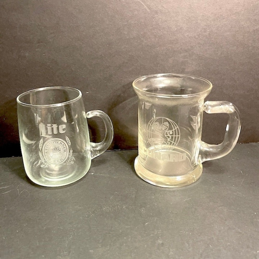 Vtg Collectible Glass Mug Lot  Miller Lite Stein & Cunard Cruise Line Tankard
